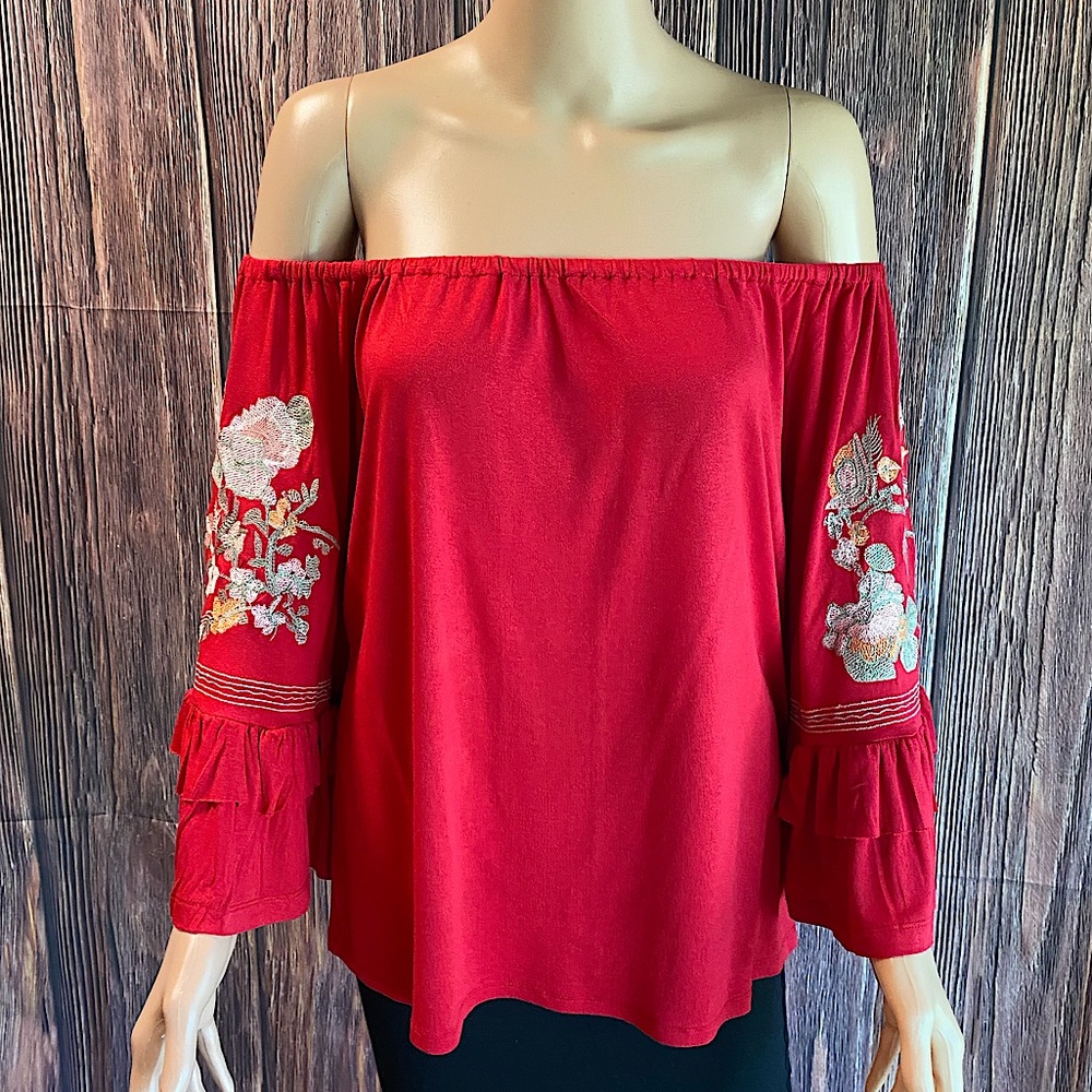 Altar’d State size small ruby red floral embroidered strapless blouse